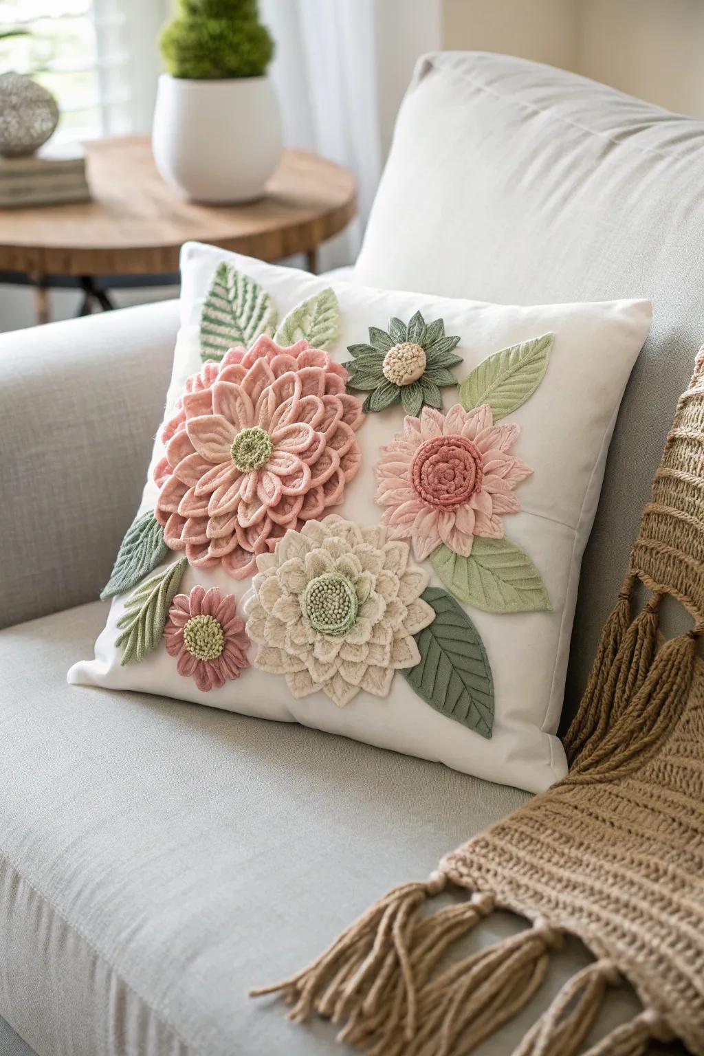 Transform your area with the subtle charm of textile flowers on toss pillows, where Scandinavian minimalism converges with Boho elegance.