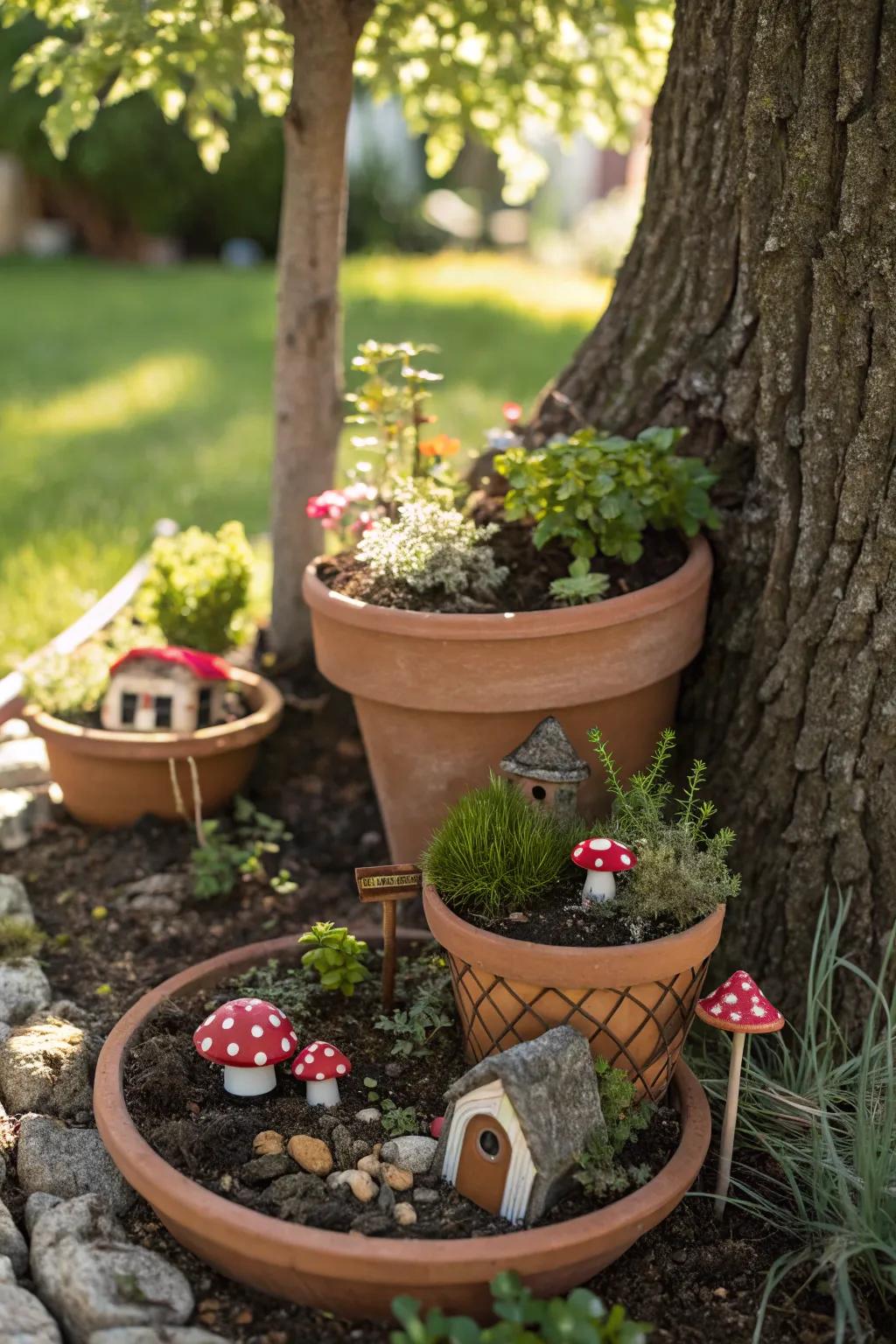 Miniature fairy gardens nestled in pots.