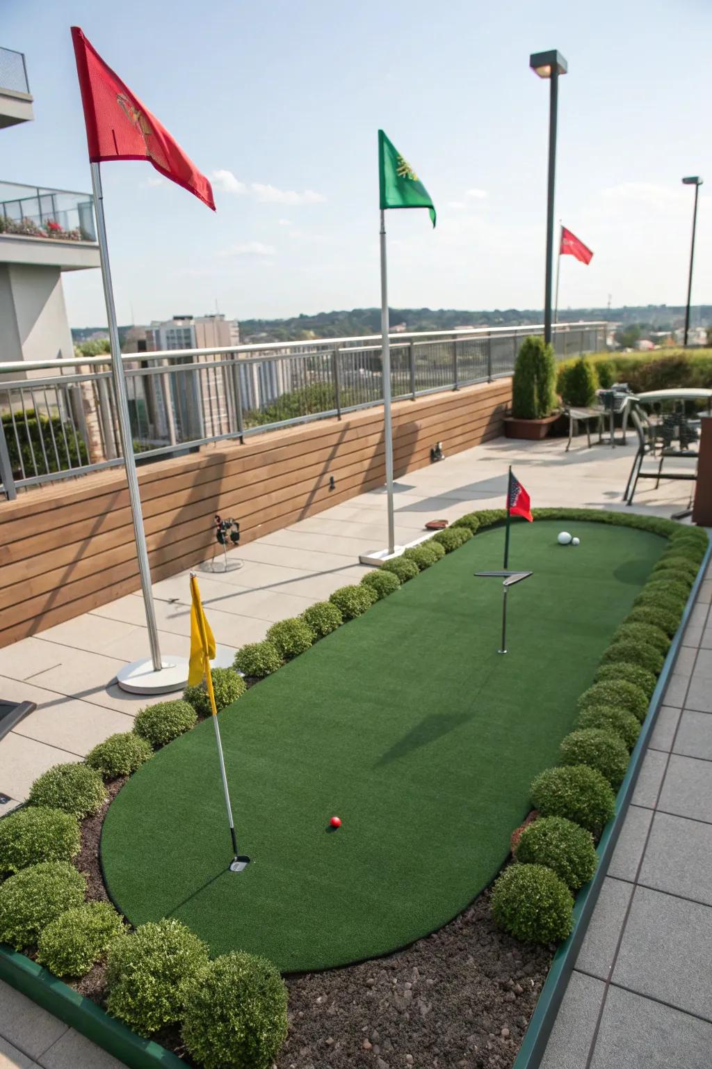 A fun mini putting green on a patio for golf enthusiasts.