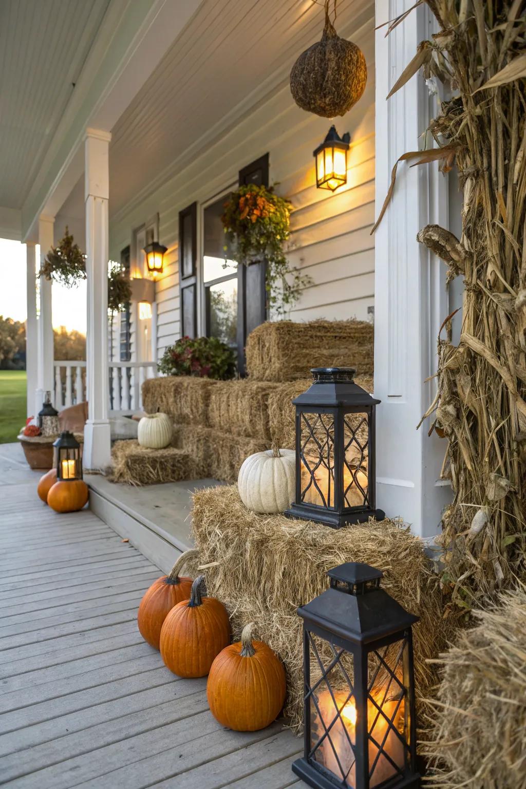 Country hay blocks and sprout bundles supply a captivating foundation for fall embellishments.