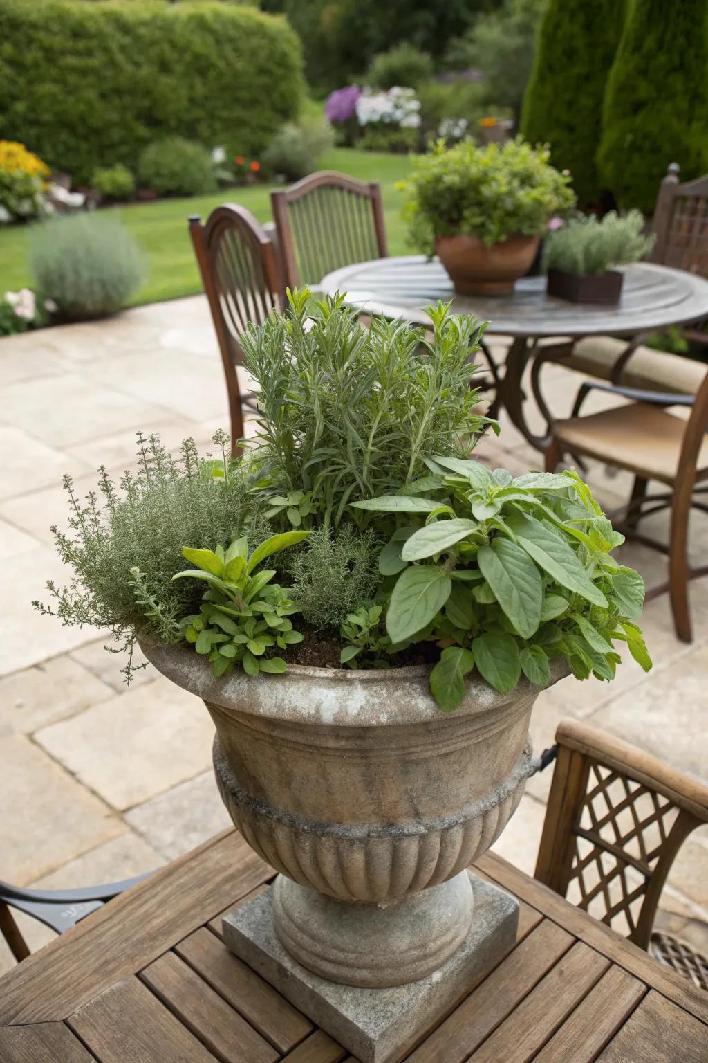 Aromatic herbs in an autumn container display.