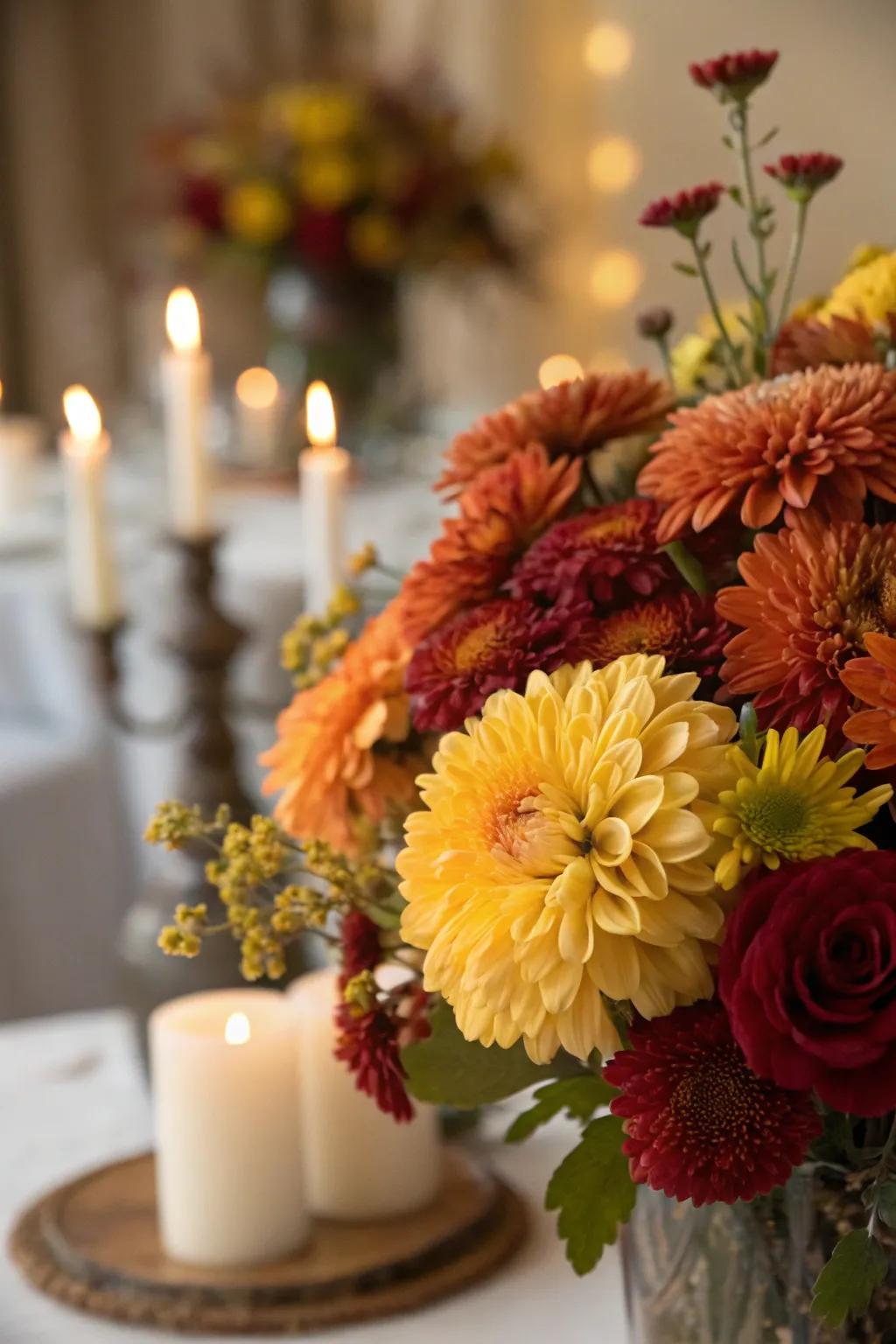 Chrysanthemums offer long-lasting beauty for fall weddings.