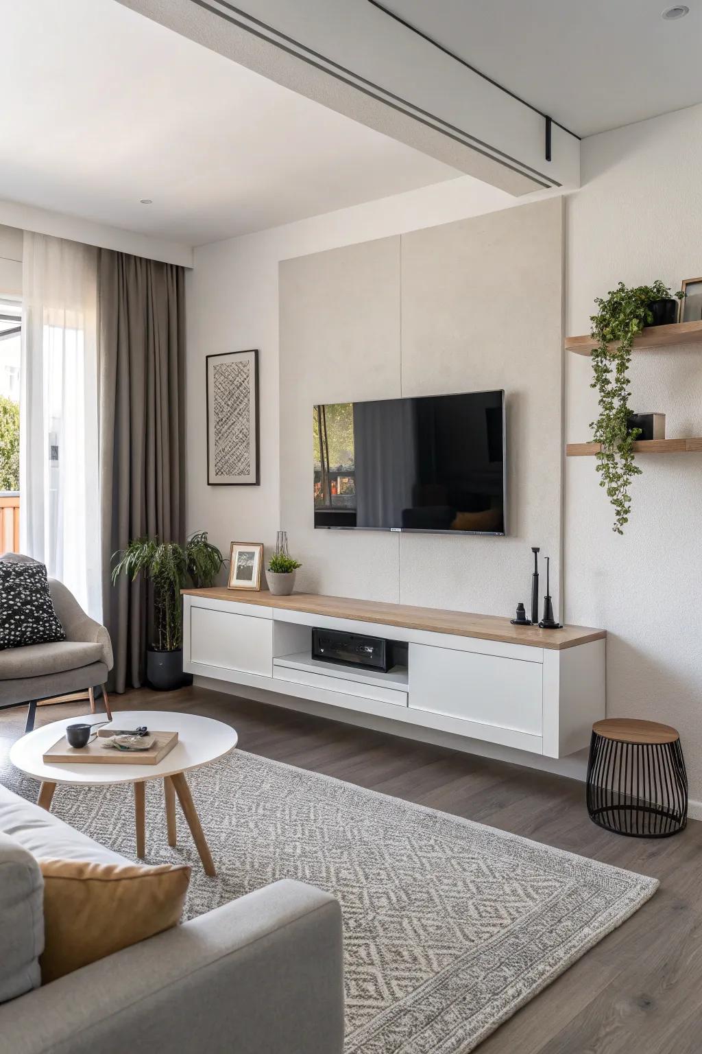 A simplified floating console maintains the TV space sleek and orderly.