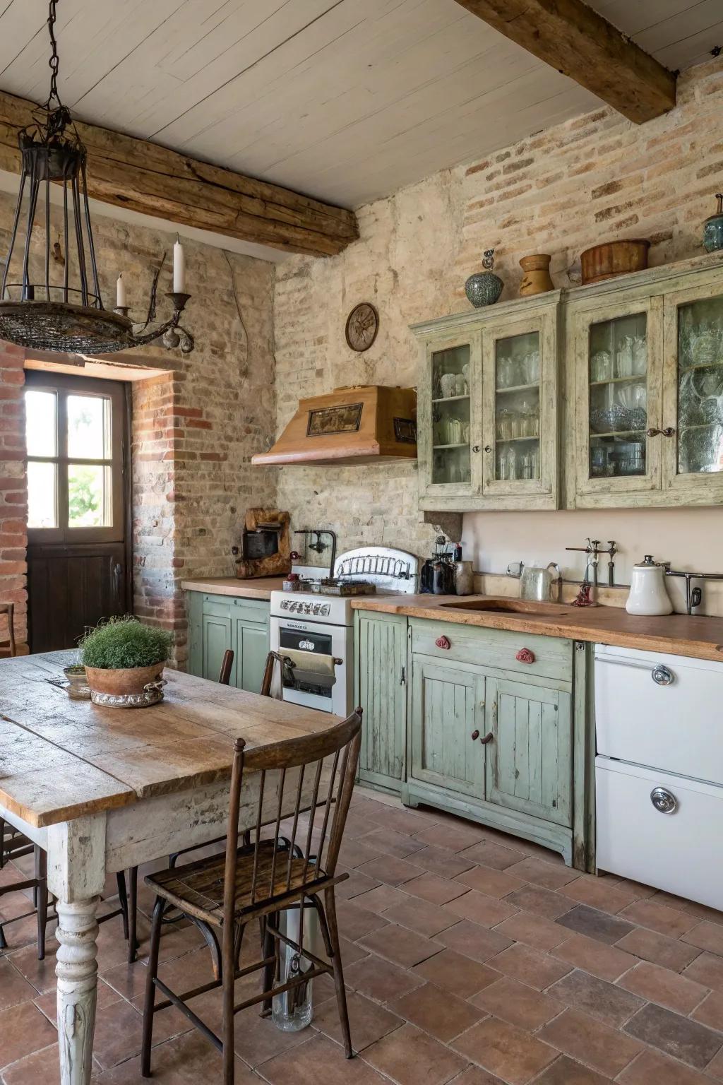 Weathered patinas inject character and warmth into a farmhouse kitchen.