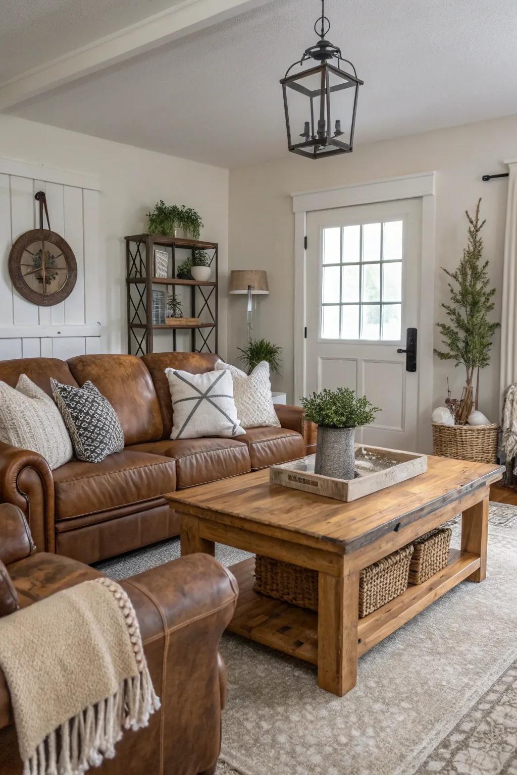 Neutral hues engender a tranquil and harmonious farmhouse living space.