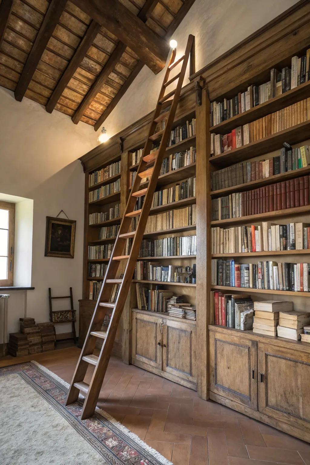 Cultivate a library ambiance with towering bookshelves and a ladder.