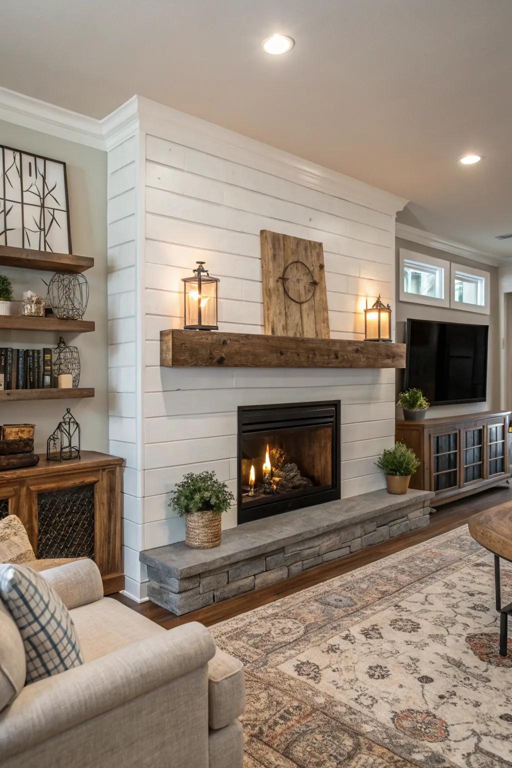 A mix of country and contemporary elements fashions a chic fireplace.