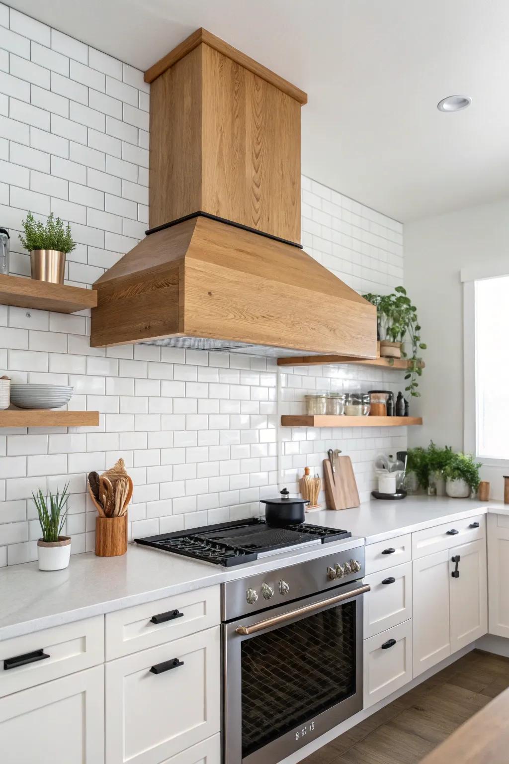A square range hood blends perfectly in an understated farmhouse-themed kitchen.