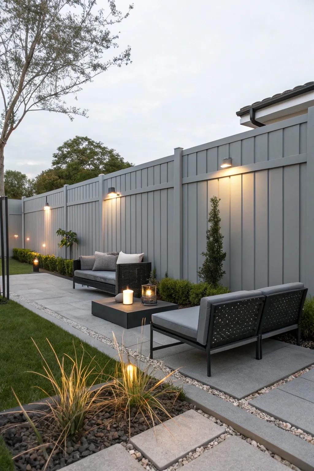 Gray fences provide a stylish and neutral backdrop for modern outdoor spaces.