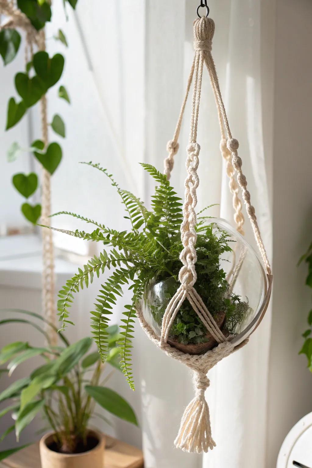 Elevate your greenery with a hanging fern terrarium—where minimalist elegance meets boho charm.