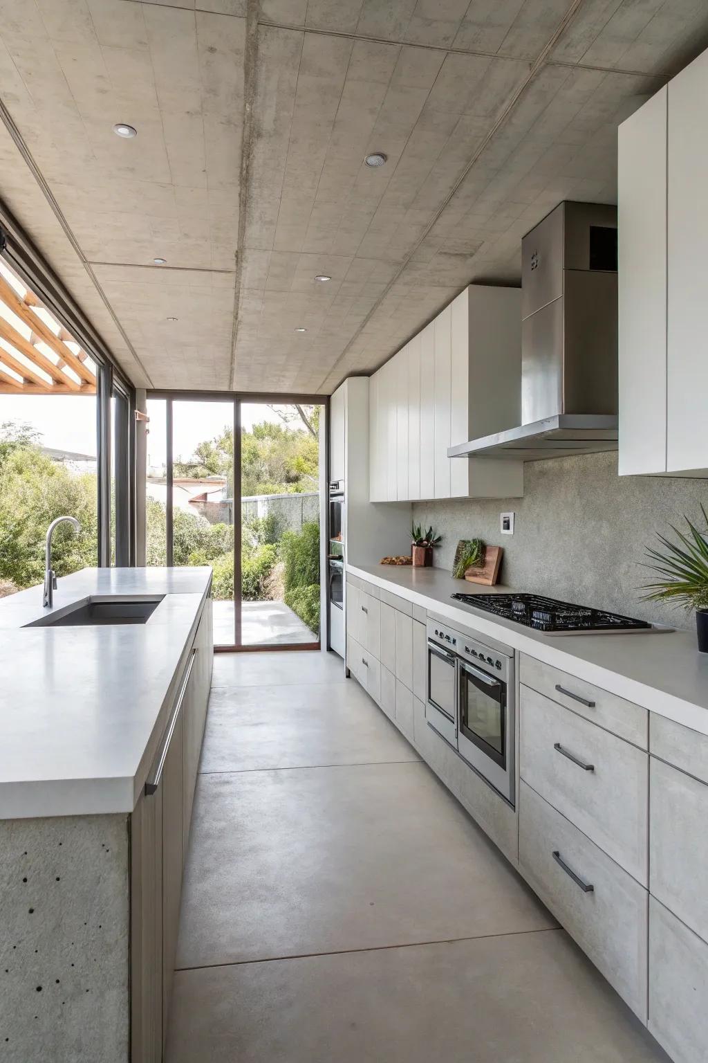 Concrete countertops offer durability with a touch of modern elegance.