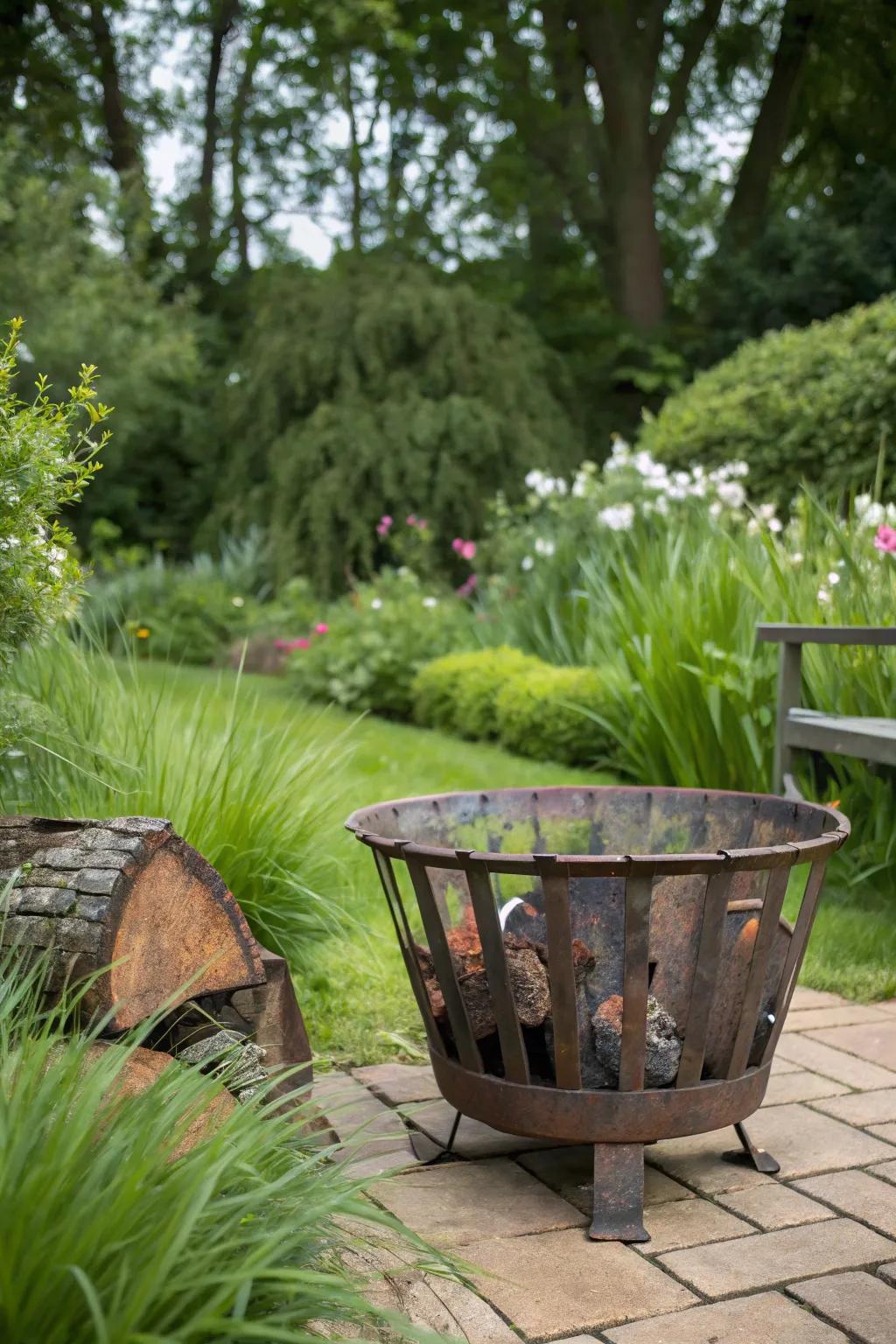 An industrial-style fire pit basket offering a rugged aesthetic to outdoor spaces.