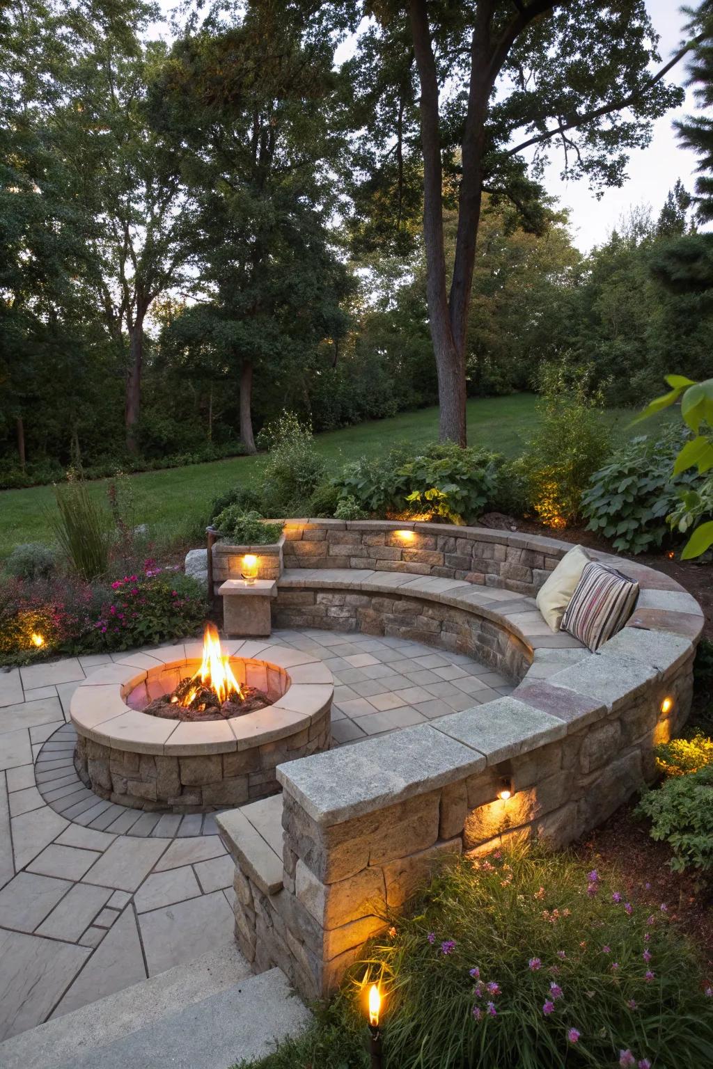 Integrated seating provides a refined and seamless fire pit arrangement.