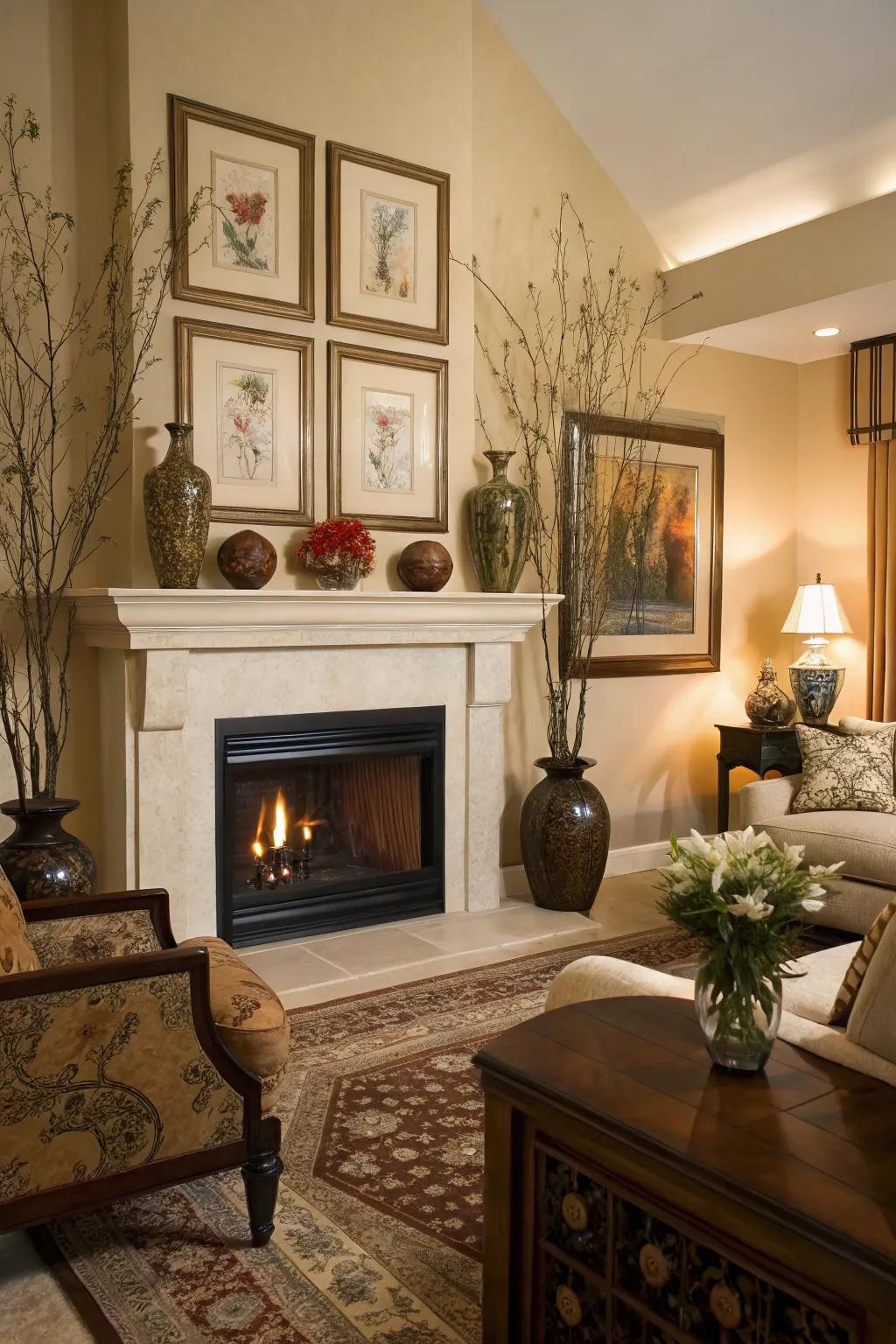 Decorative accents bring character and charm to the fireplace area.