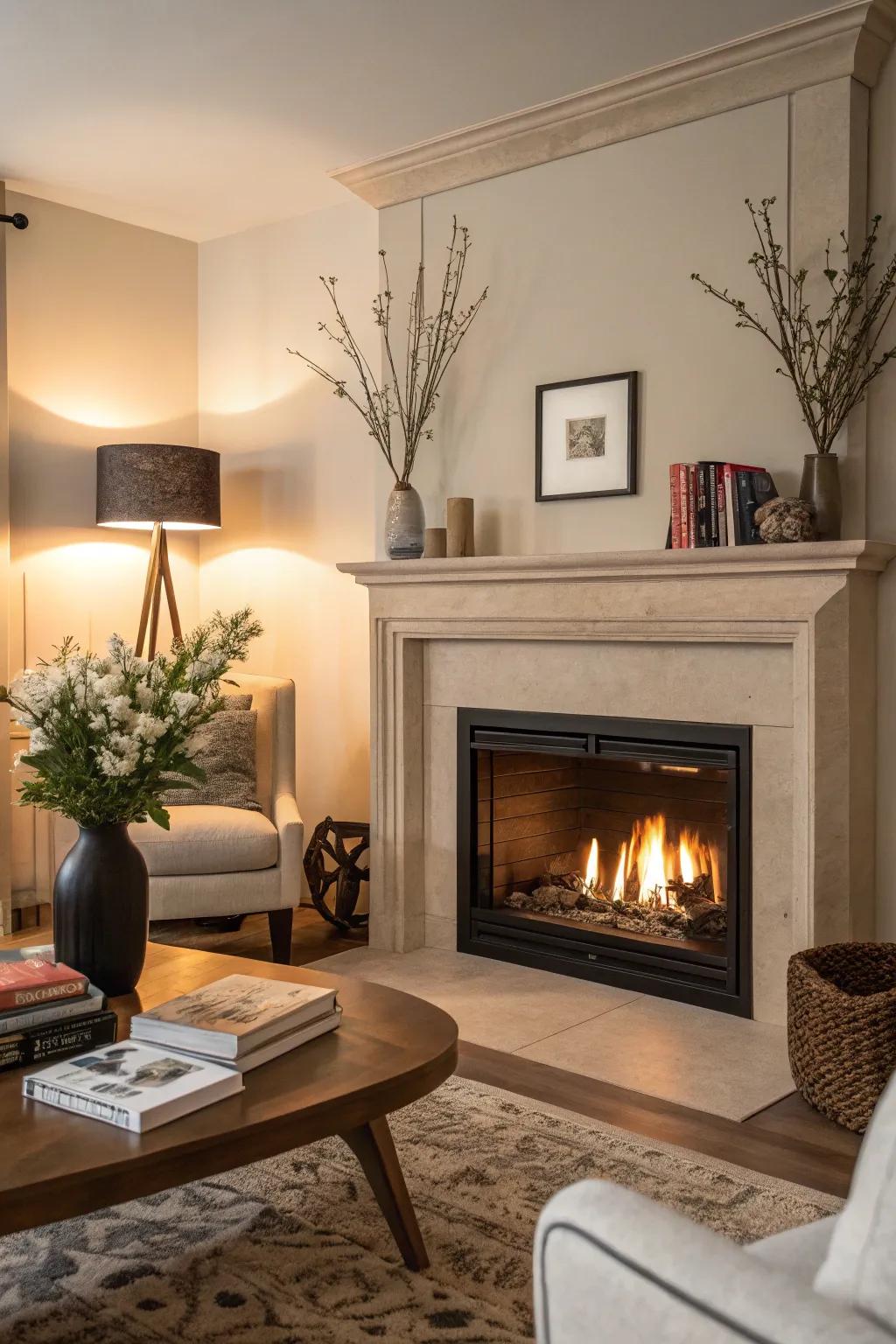 Corner inserts make clever use of space while adding warmth.