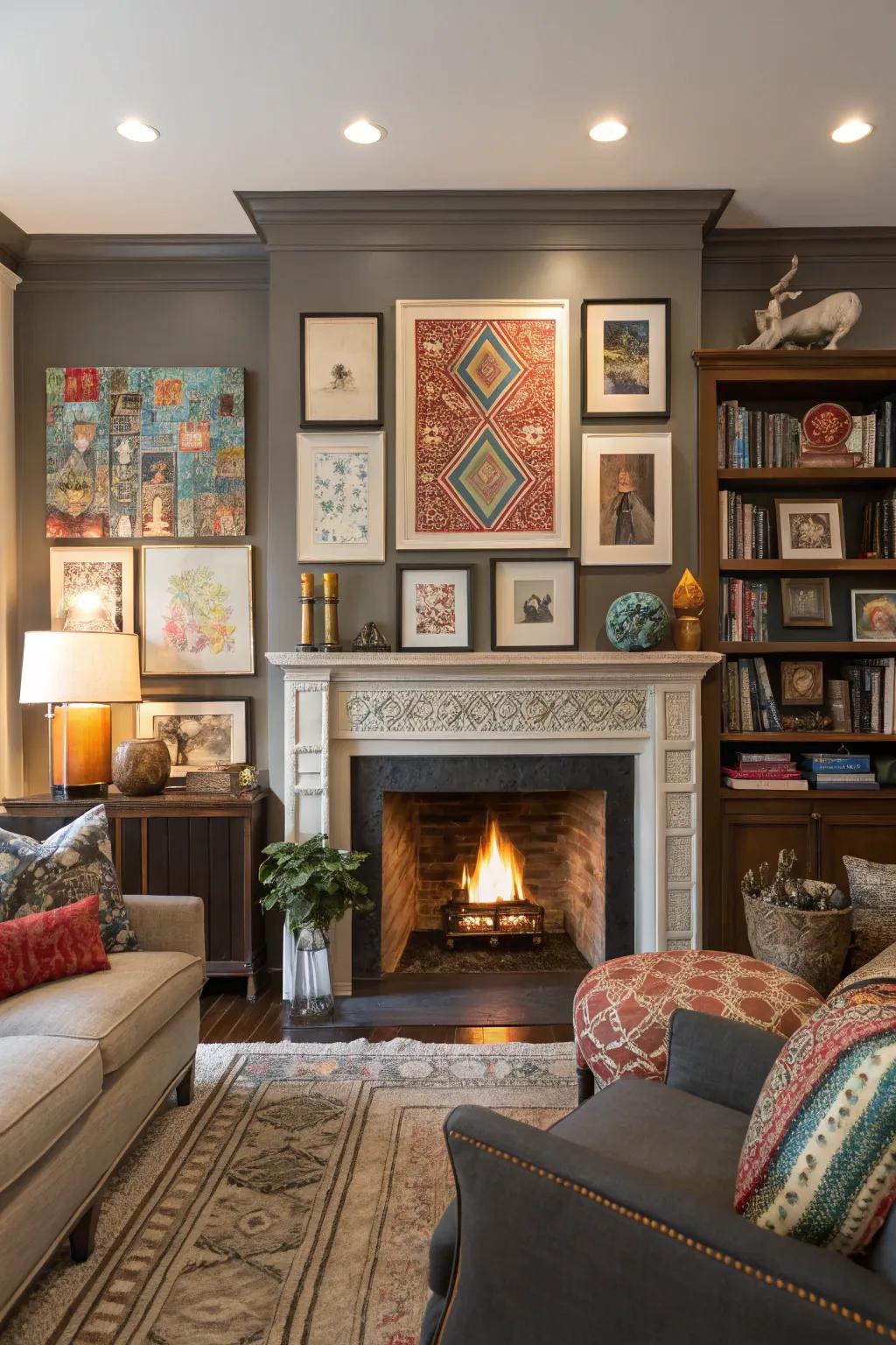 See how this eclectic living room uses art and decor to make the fireplace the center of attention? So stylish!
