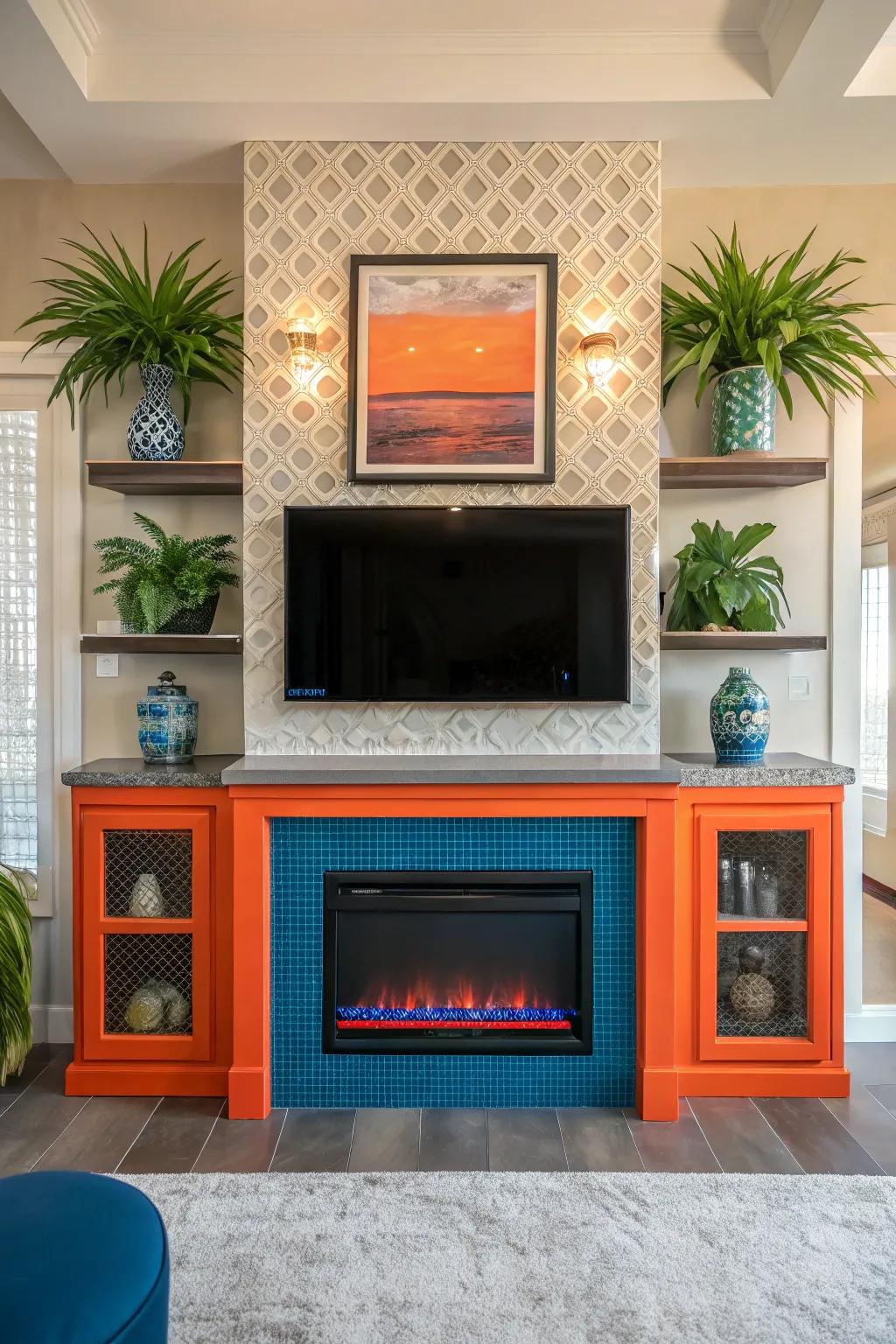 Establish a sense of balance with a symmetrical design around your fireplace TV wall.