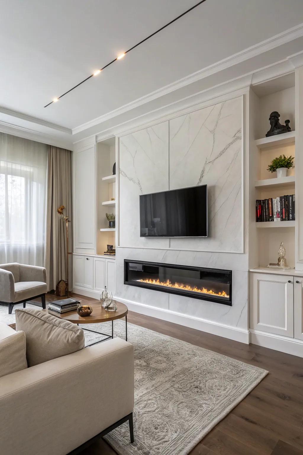 A minimalist family room featuring a sleek fireplace wall and TV.