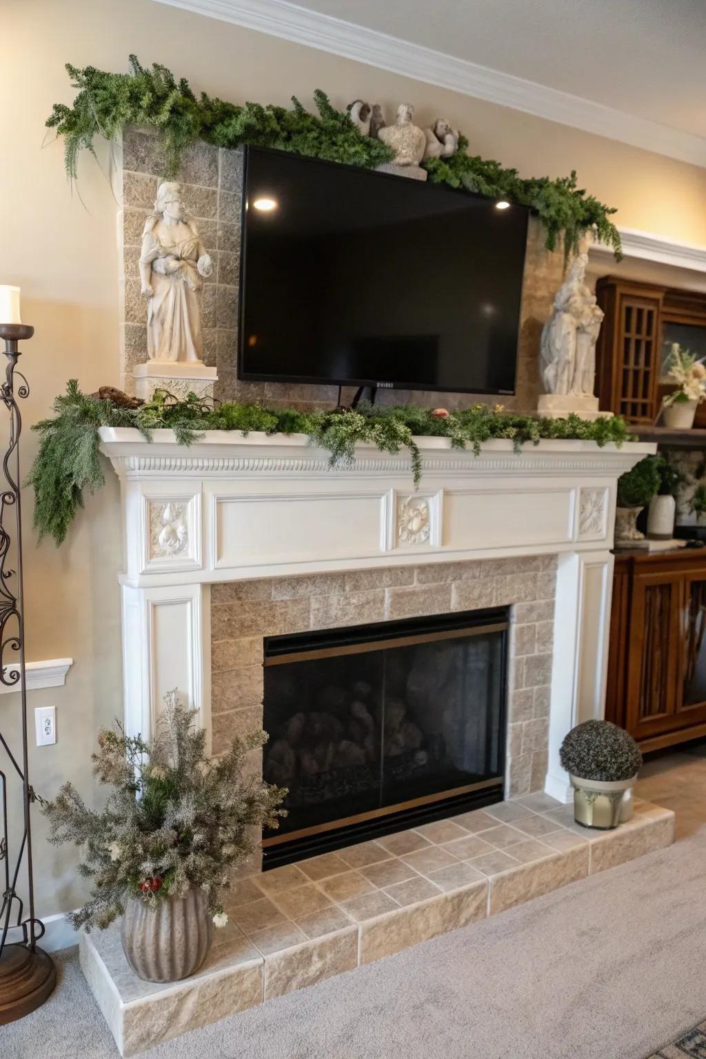 A mantel styled with greenery and figures beneath a TV.