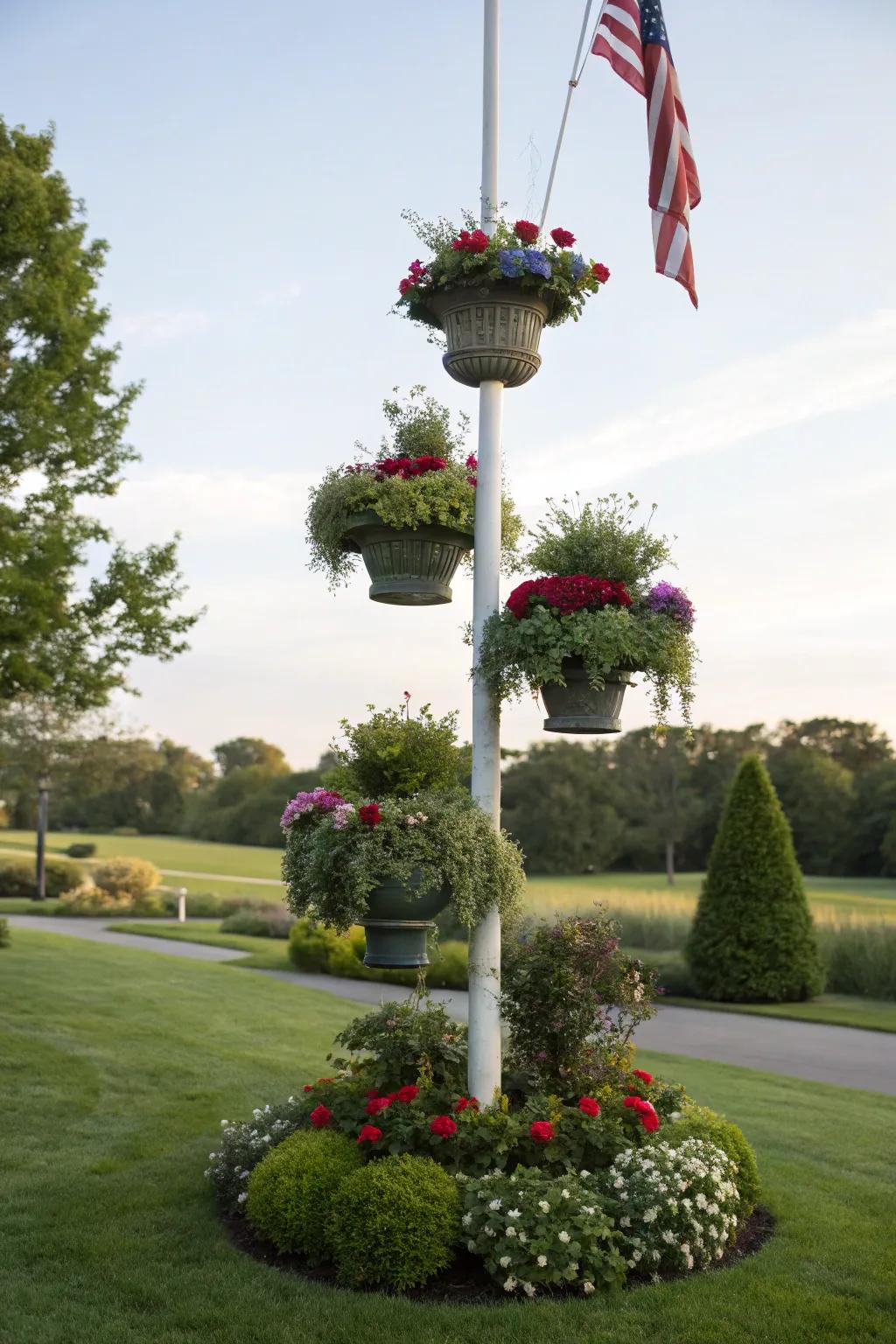 Layered plants add dimension and allure to flagpole landscaping.