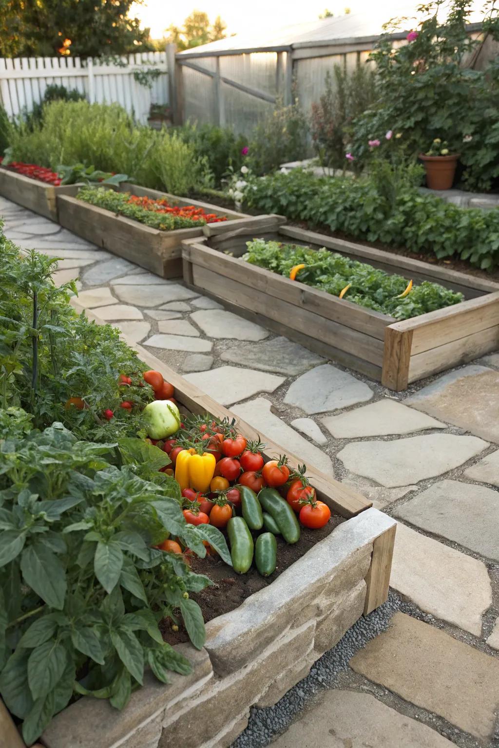 Raised beds with flagstone edging offer both beauty and function.