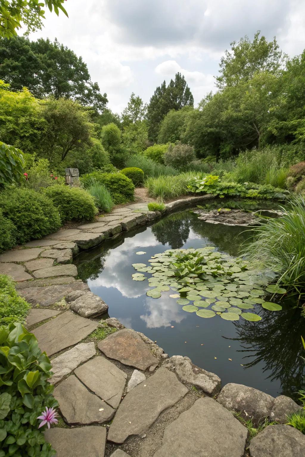 A tranquil pond surrounded by natural flagstone.