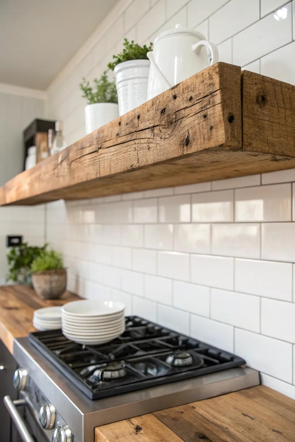 Elevate your kitchen's charm with a rustic wooden floating shelf that blends warm textures with minimalist elegance.