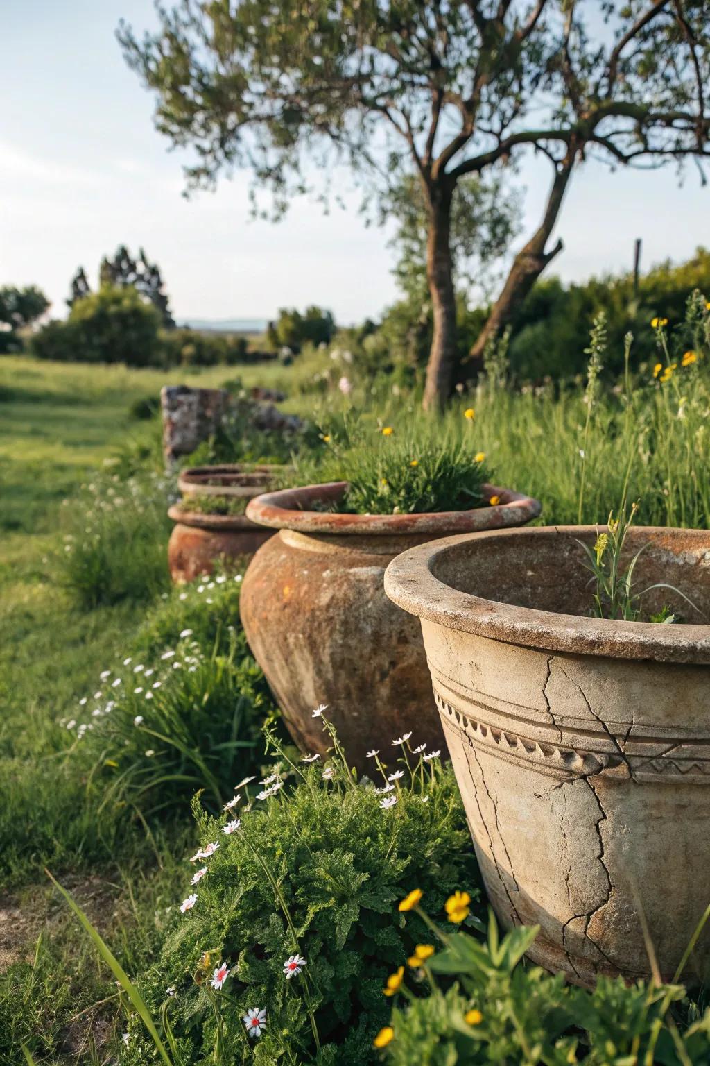 Natural-looking rustic flower pots that blend beautifully with the outdoors.