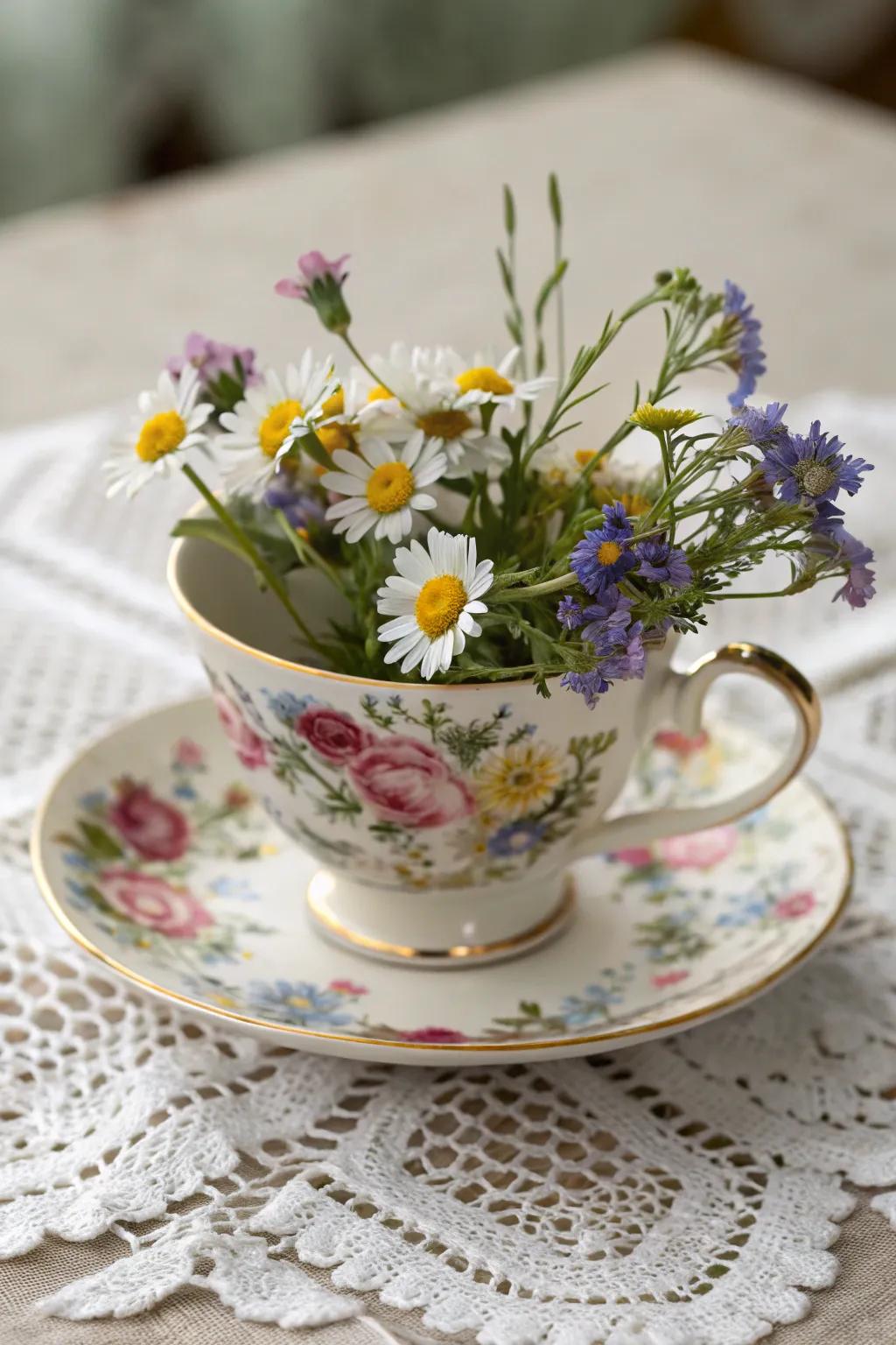 Vintage teacups: a charming way to display your favorite flowers.