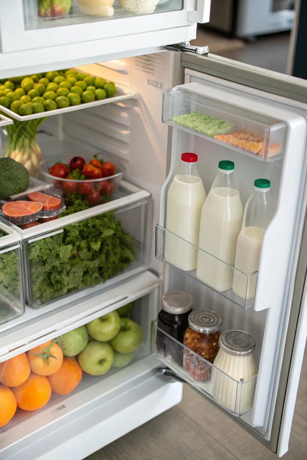 Categorized sections for efficient fridge organization.