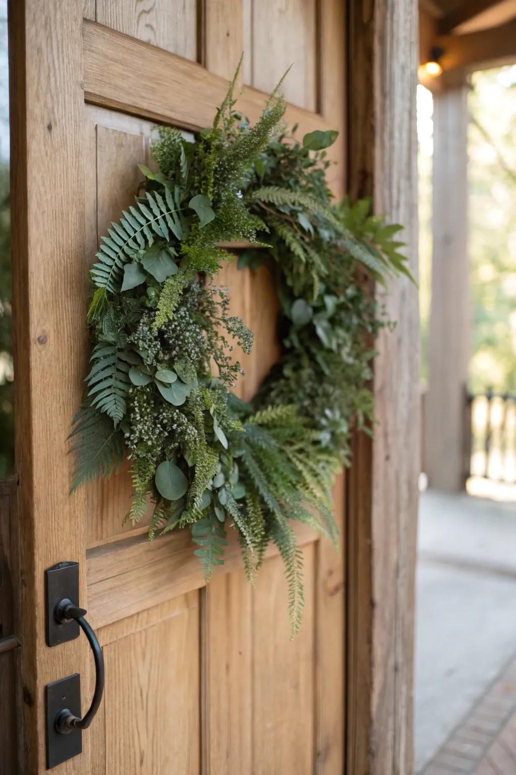 A natural greenery wreath bestowing a refreshing and enduring charm.