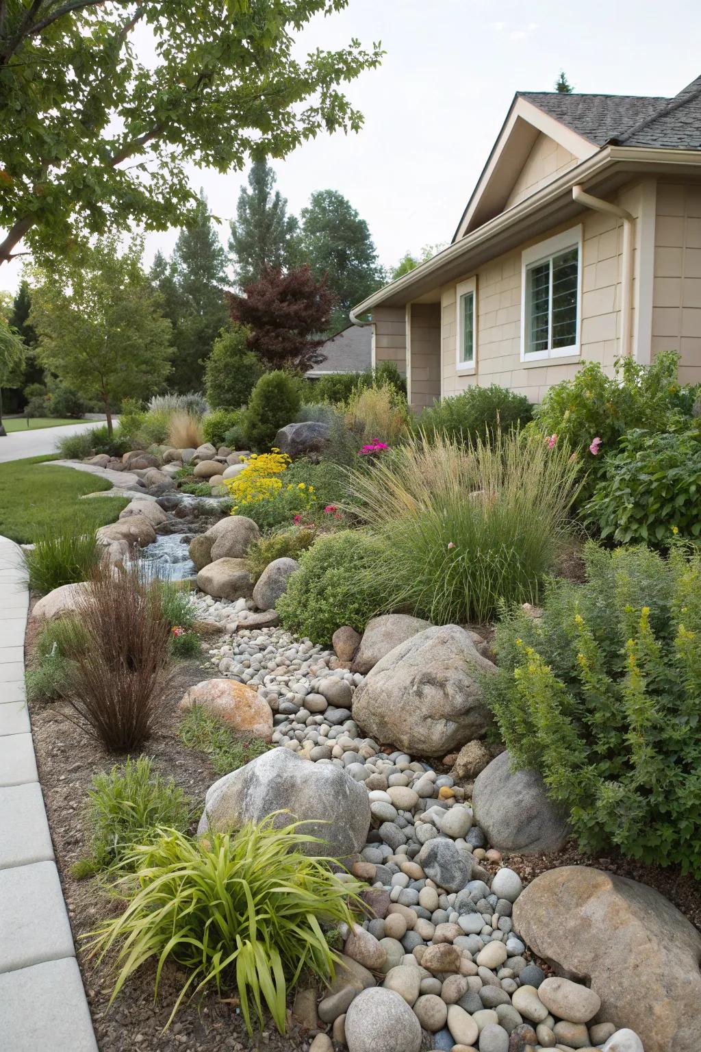 Combining river rocks with foliage results in an abundant landscape.