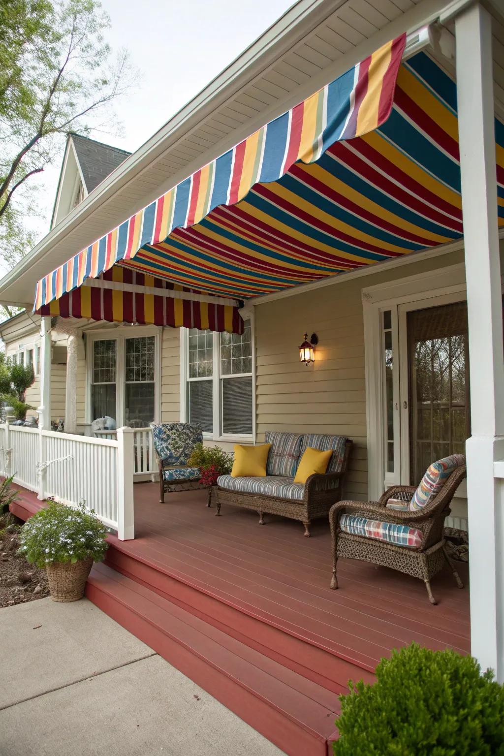 Canvas awnings in audacious prints infuse merriment into your porch aesthetic.