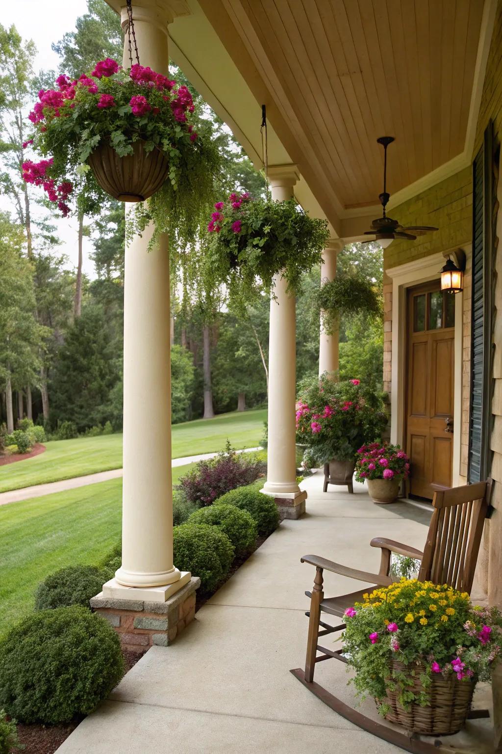 Hanging pots on columns enhance your porch with lively plants.