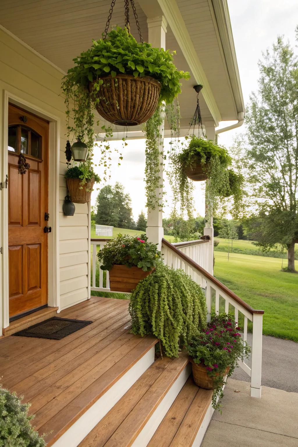 Dangling baskets overflowing with trailing greenery elevate this front porch.