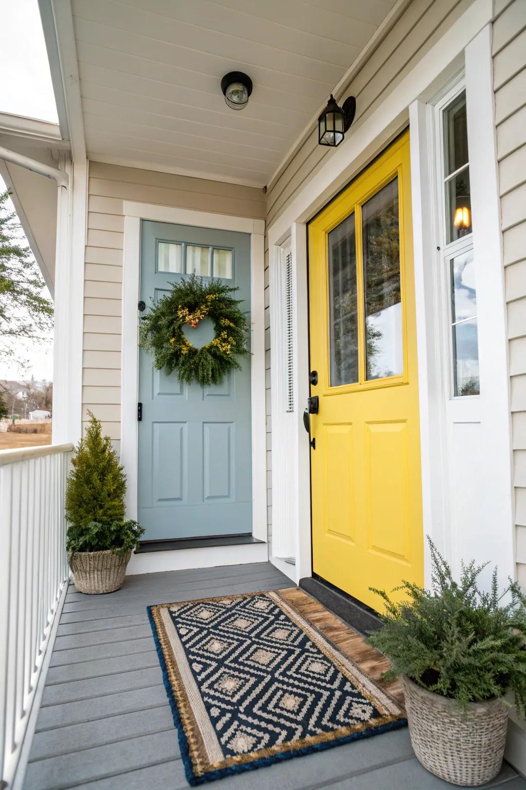 A vibrant door creates an inviting entrance.