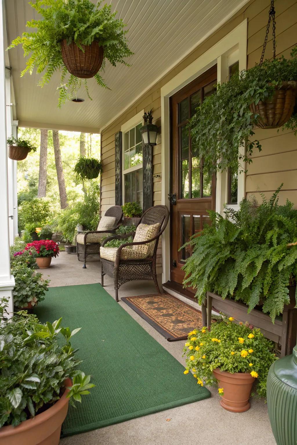 Plants and carpets combined create a nature-inspired porch.