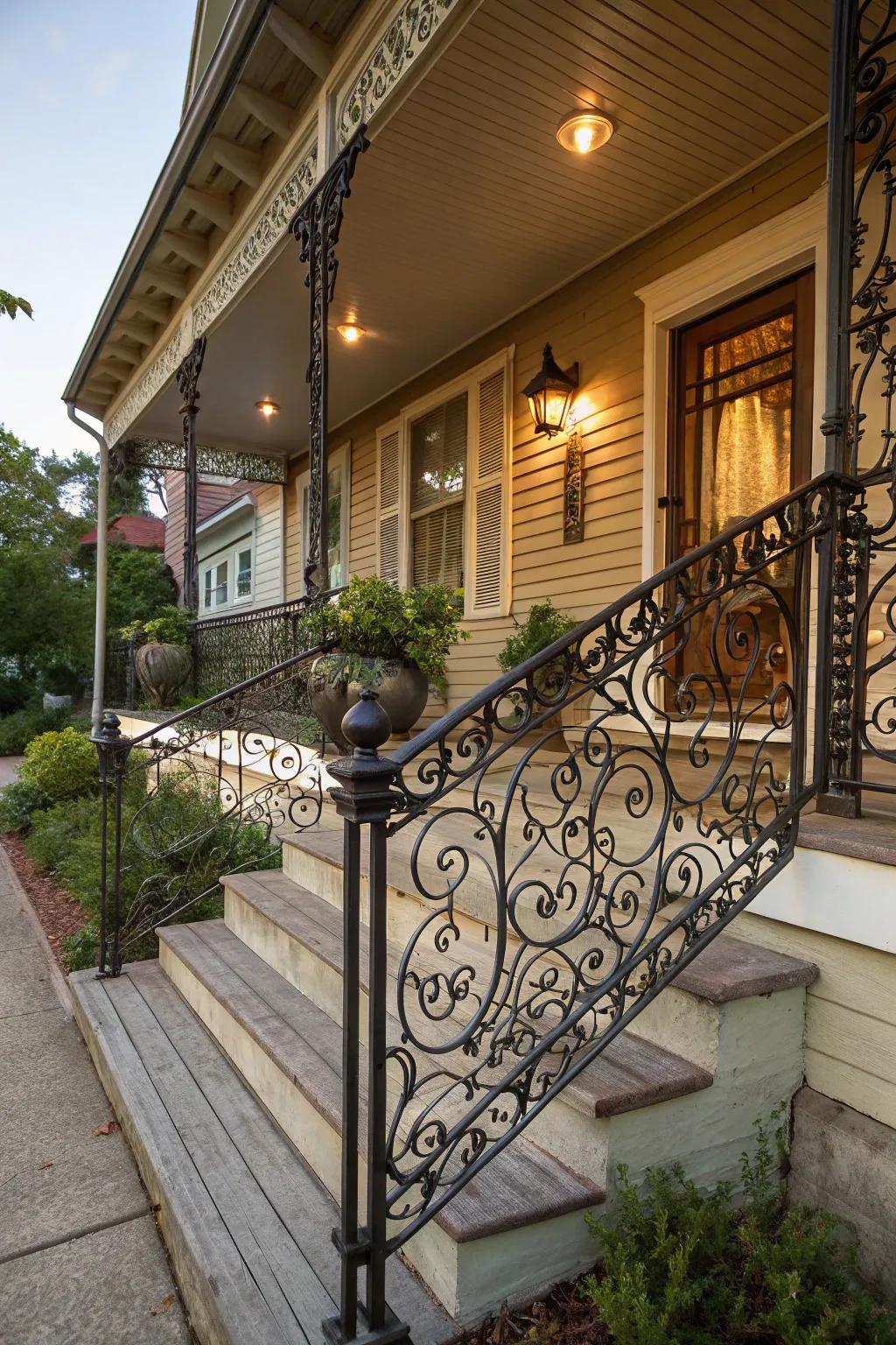 Elegant scrollwork in wrought iron railings for a classic look.