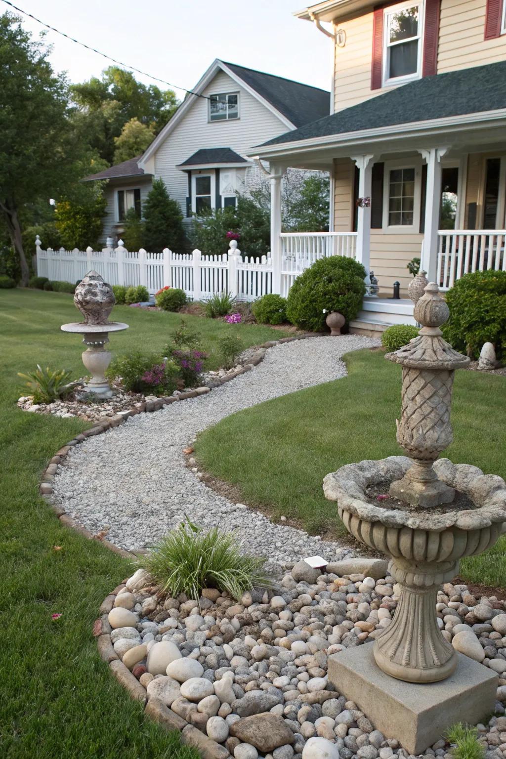 Decorative sculptures and ornamental stones add artistic flair.