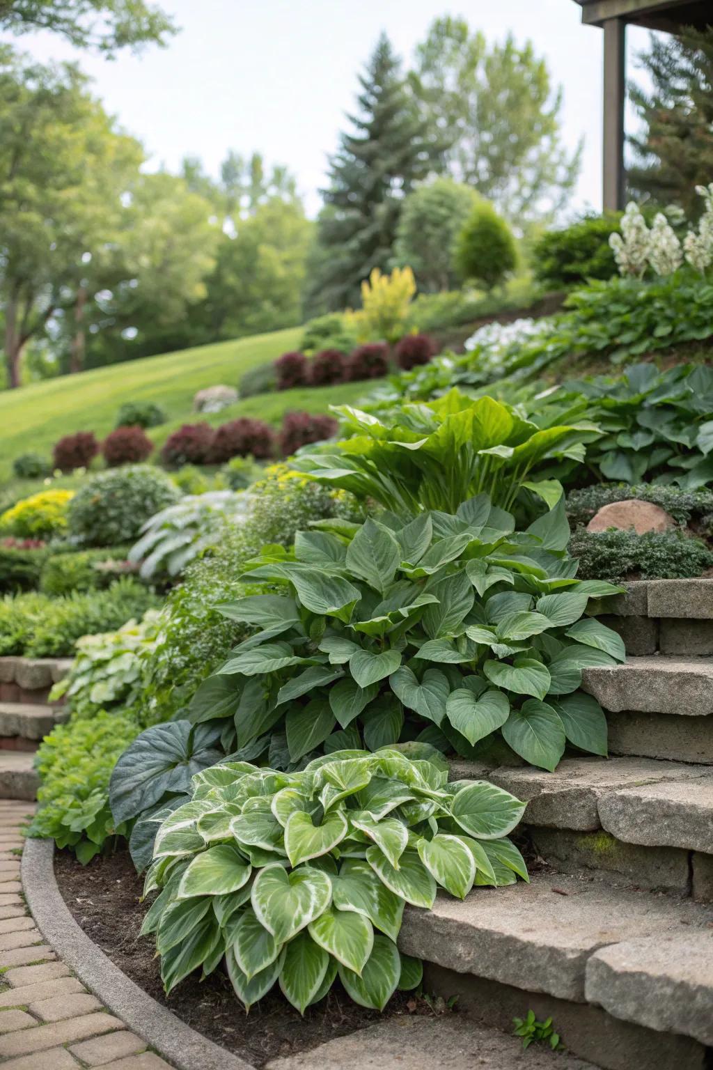 Layered planting with leafy glories introduces depth and intrigue.