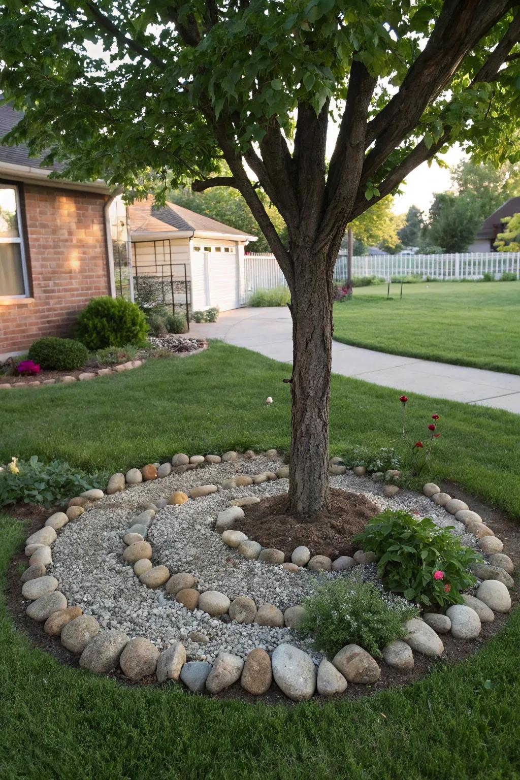 Showy stones contribute texture and captivation near tree roots.