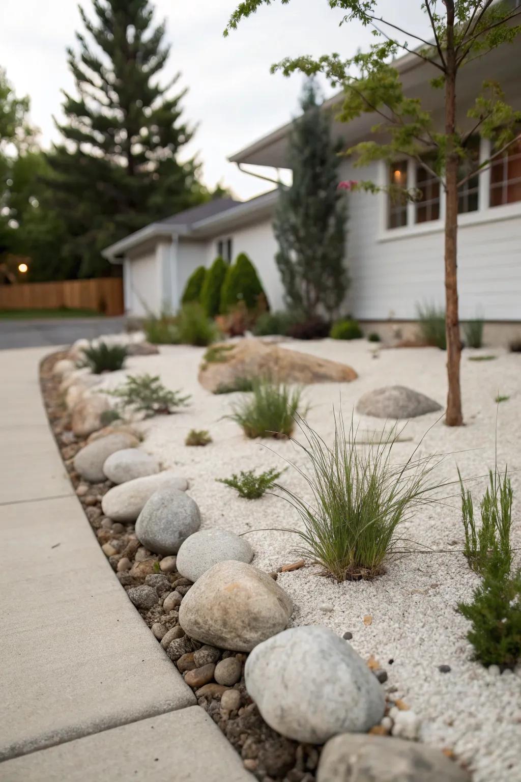 A minimalist rock garden displaying sparse plantings, highlighting rocks and layout.