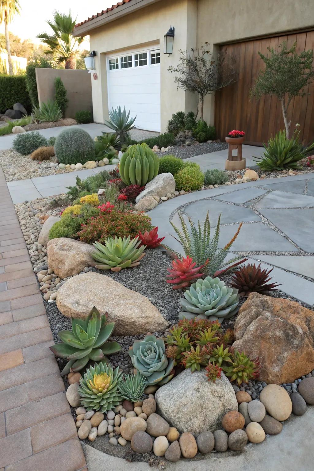 Succulents effortlessly infuse life into a rock landscape.