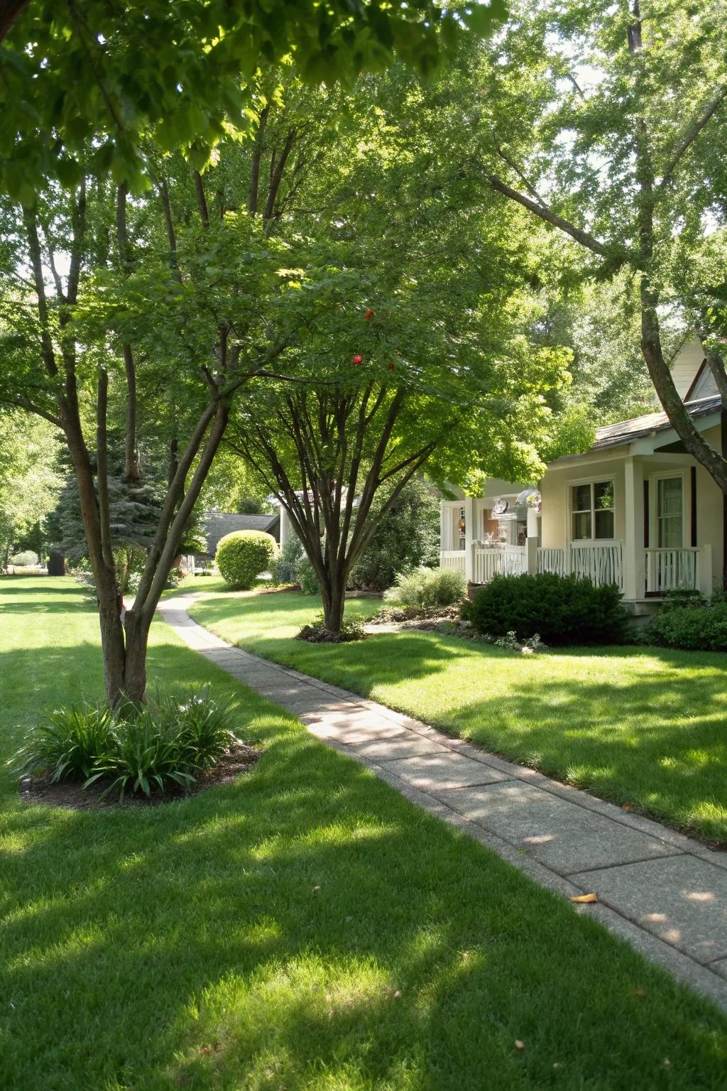 Compact trees add height and a comforting feel to the front yard.
