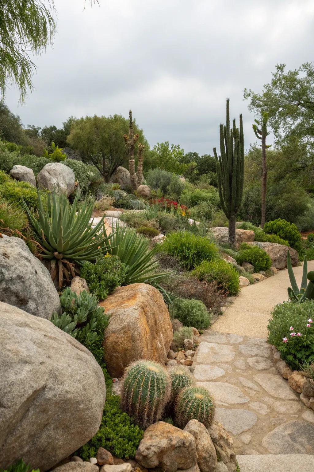 A sustainable front yard with boulders and hardy plants.