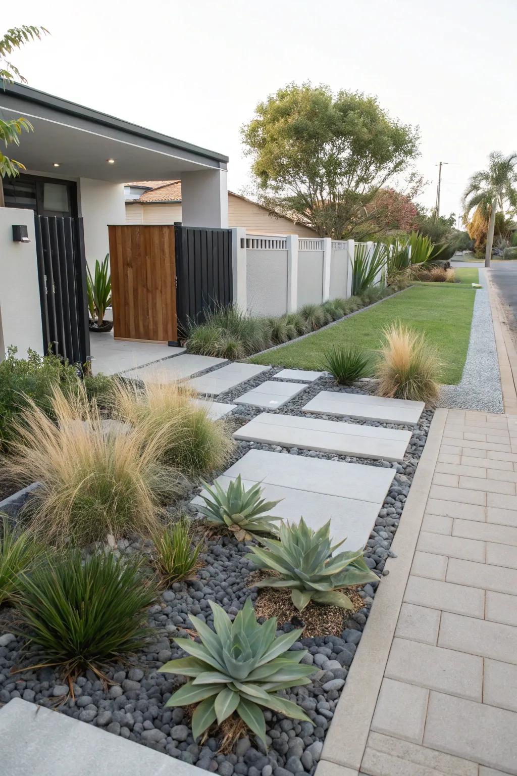 Minimalist planting with succulents and grasses yields a tidy and contemporary aesthetic.