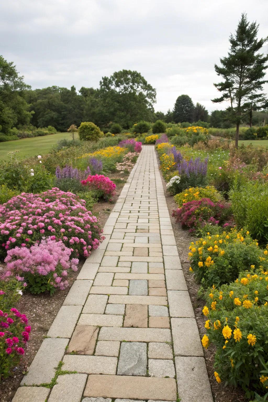 Flagstone walkways mix seamlessly with lively gardens.