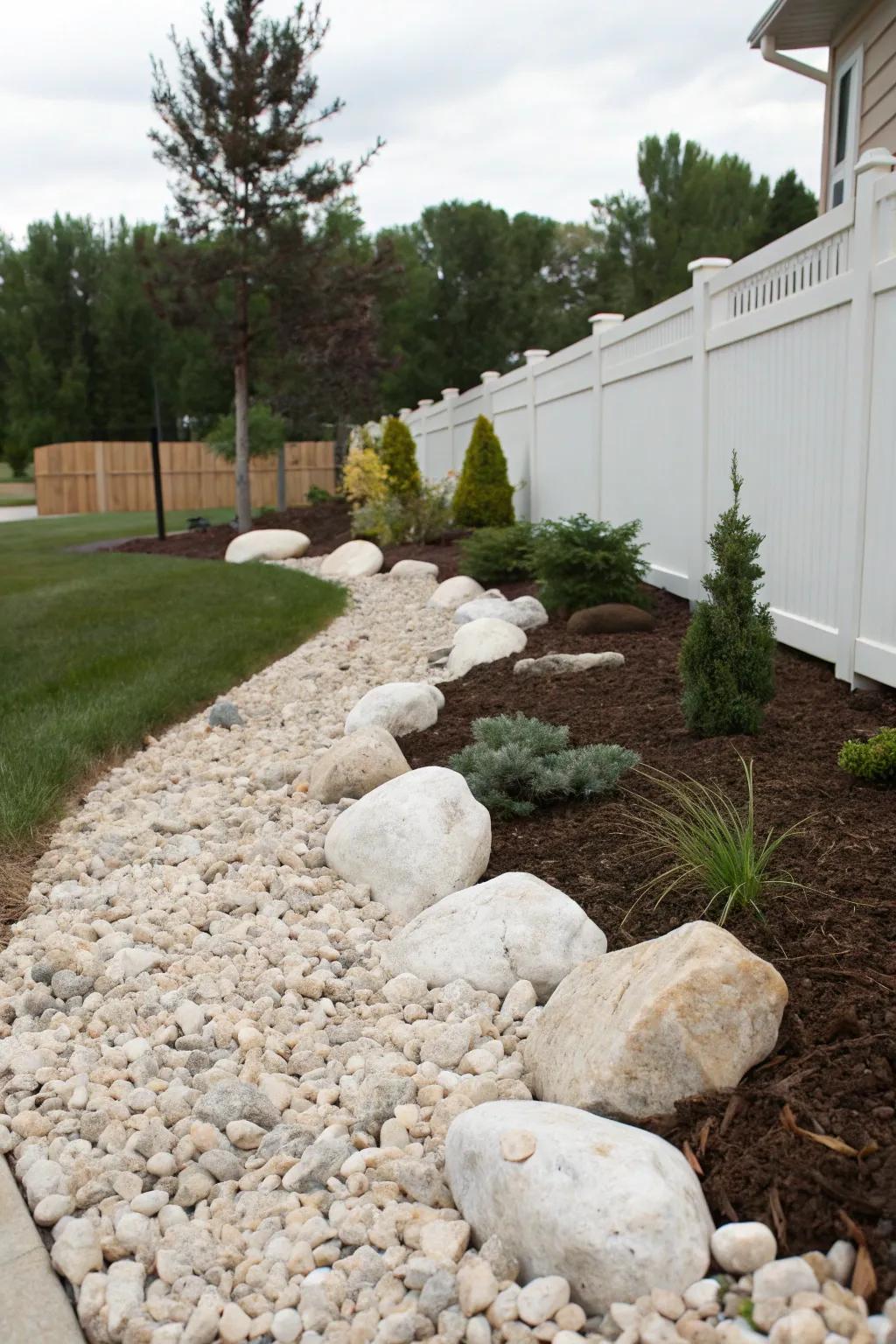 A mix of materials adds depth and texture to rock landscaping.