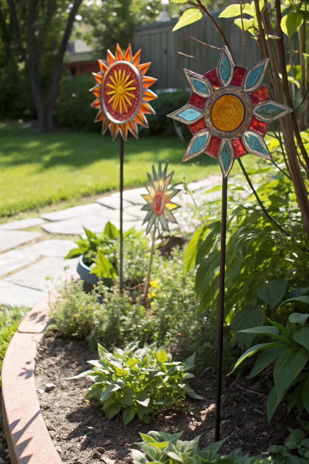 Sunburst patterns lighting up a garden nook.