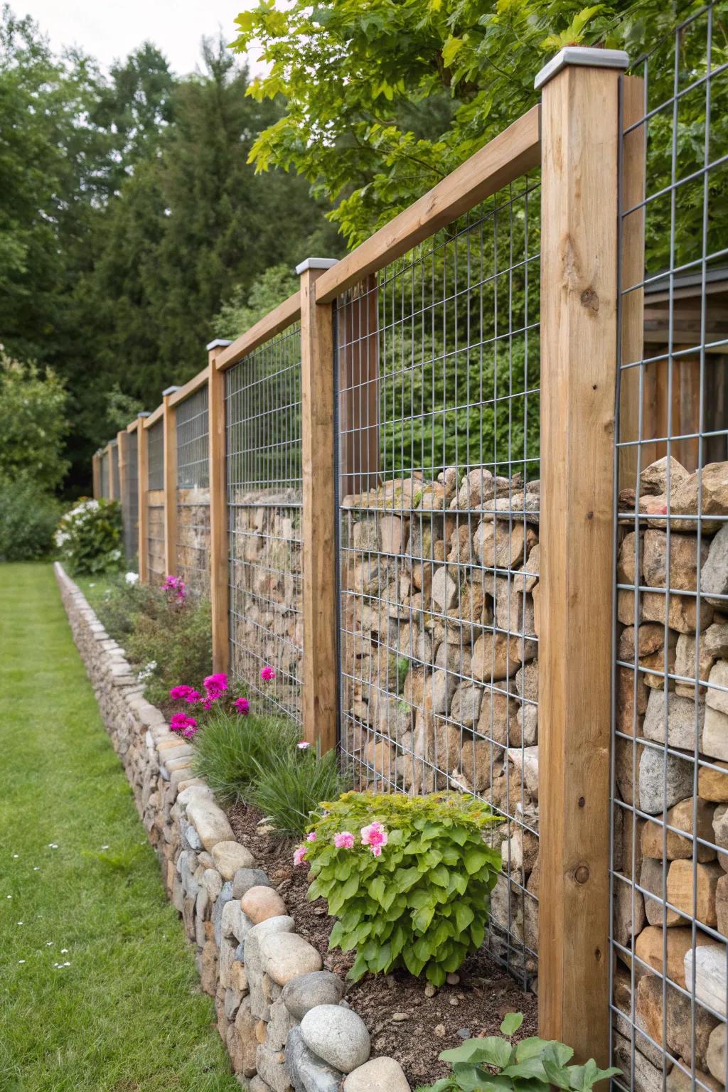 Create texture with mixed materials in your gabion fence.